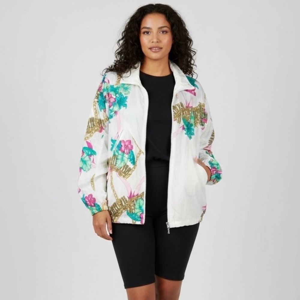 Vintage 80s 90s Athletic Works Windbreaker Jacket Women‎ Large White Pink Floral